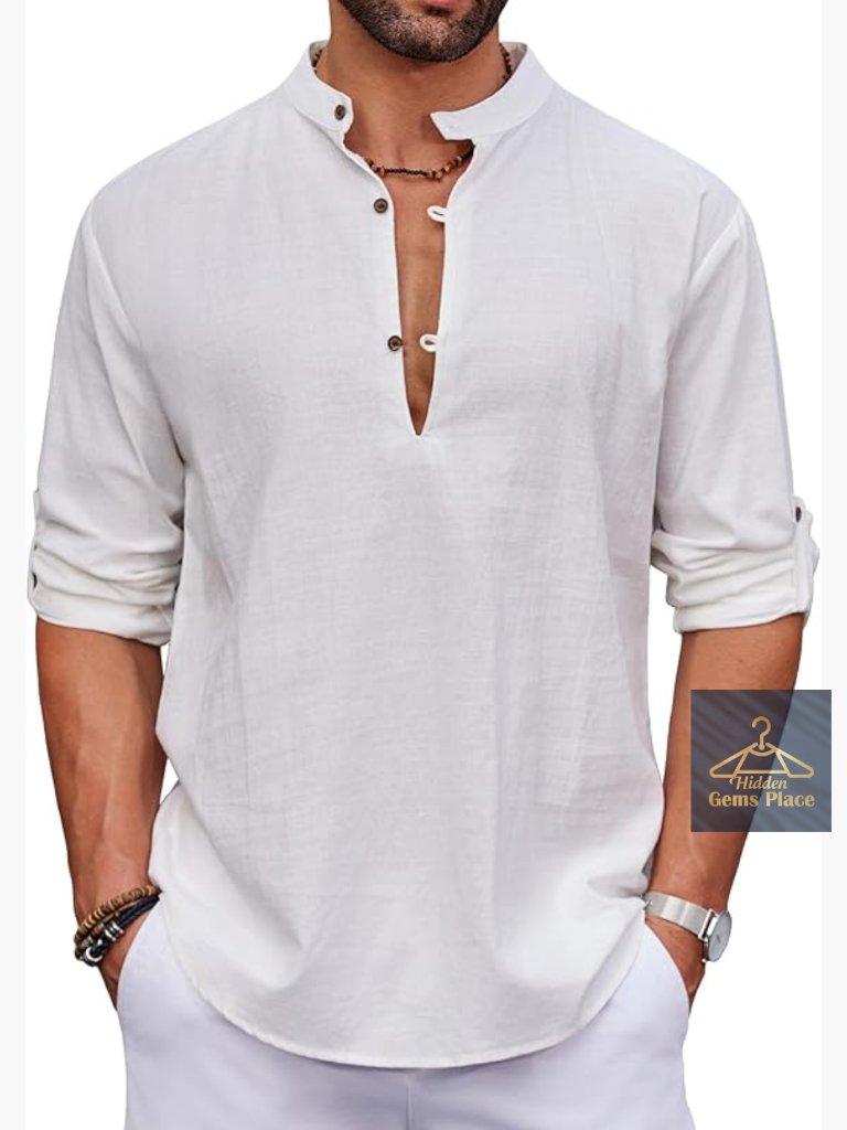 Men's Cotton Linen Henley Shirt Long Sleeve Casual Beach Hippie Tee